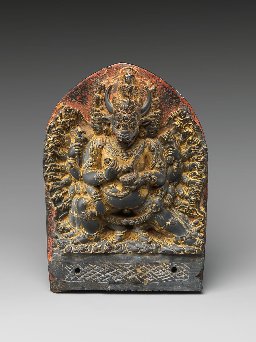 Vajrabhairava, Black stone with traces of polychromy, Tibet 