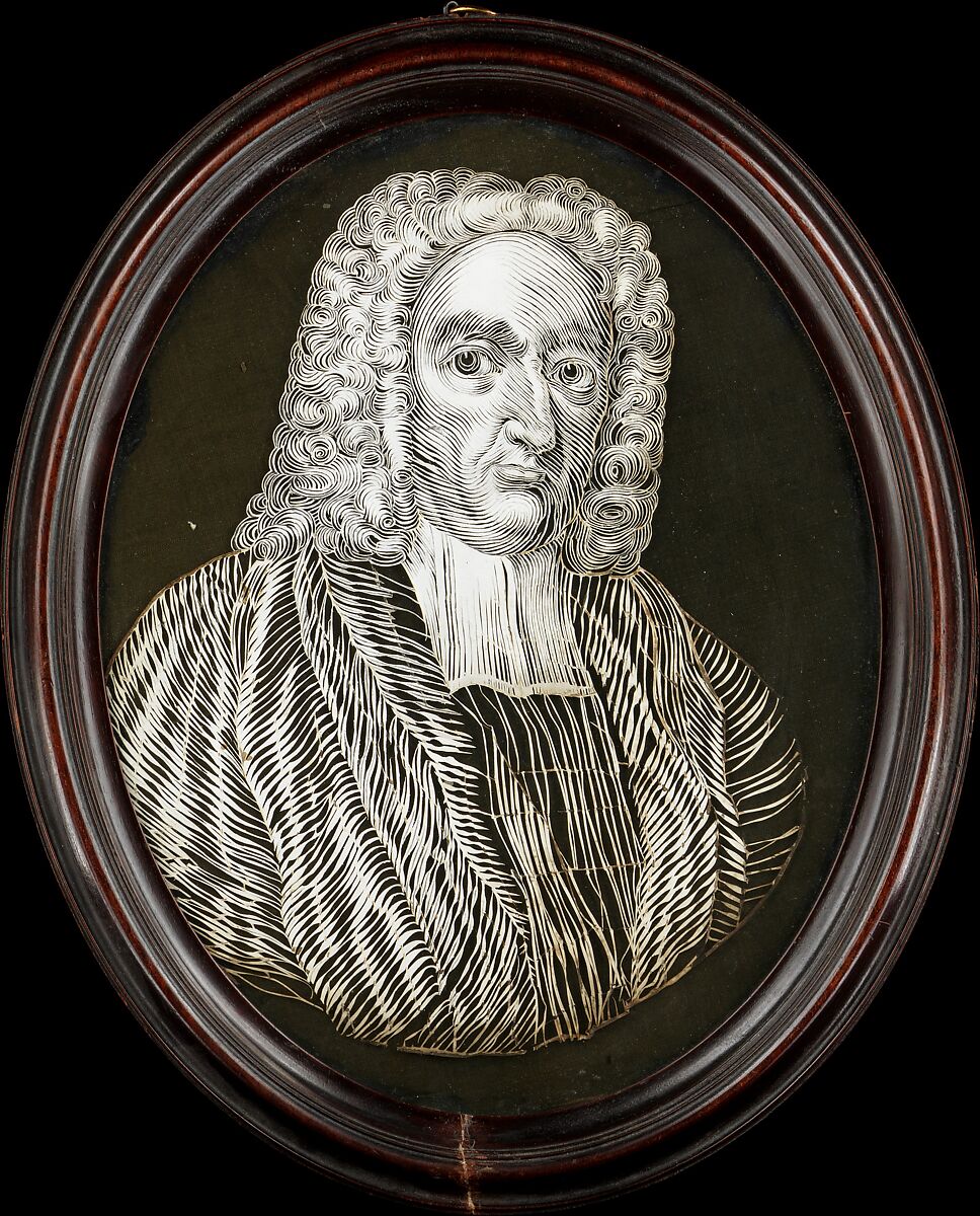 Portrait of Jonathan Swift, Nathaniel Bermingham (Irish, born ca. 1720, active mainly London, 1736–74), White cut paper, with pen and ink additions, mounted on black silk, framed 