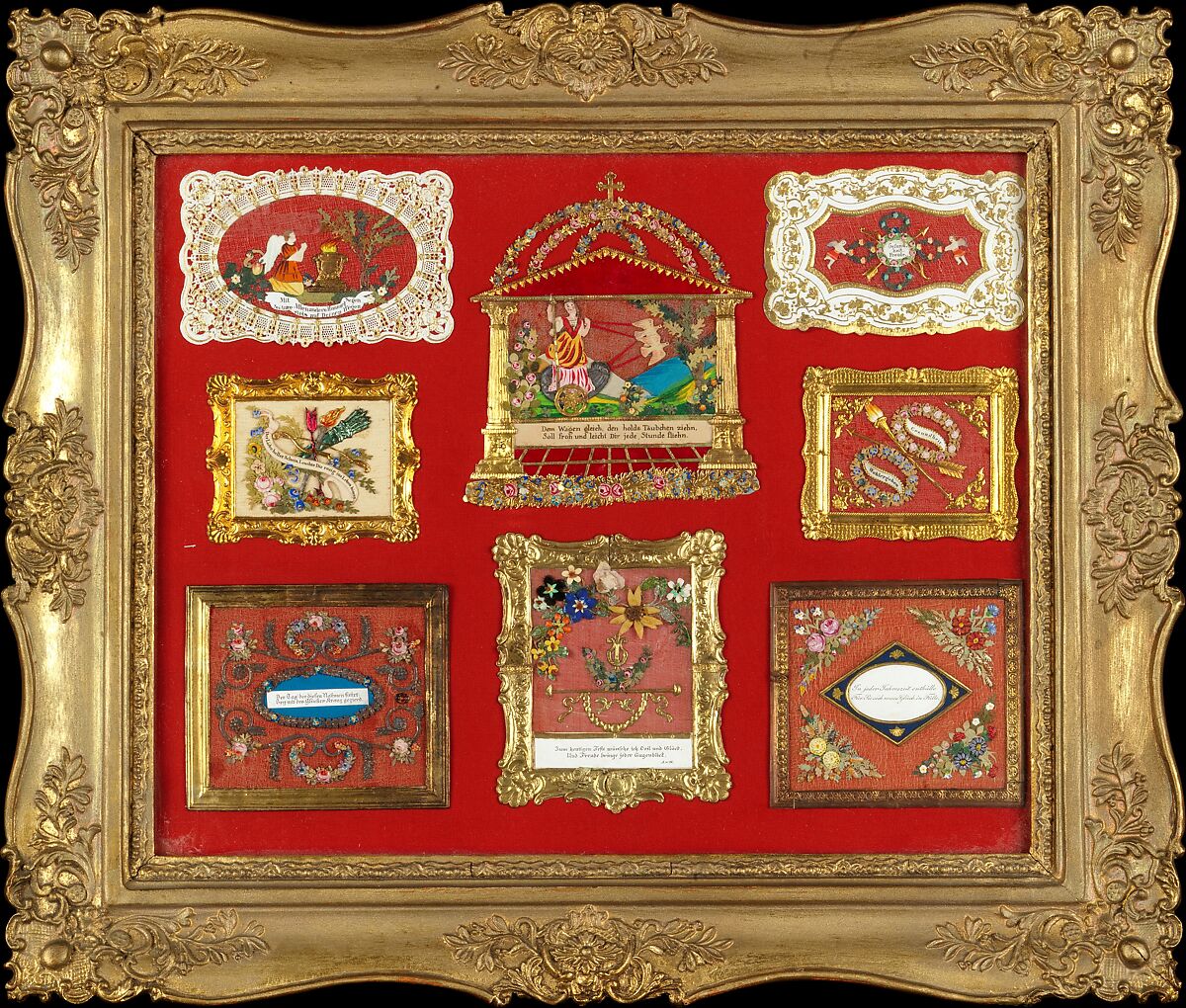 Eight Kunstbillets, Anonymous, Austrian, Viennese, 19th century, Gouache on card, cut and embossed paper with printed or inscribed mottoes, silk gauze, gilded paper borders, all mounted on red silk, framed 