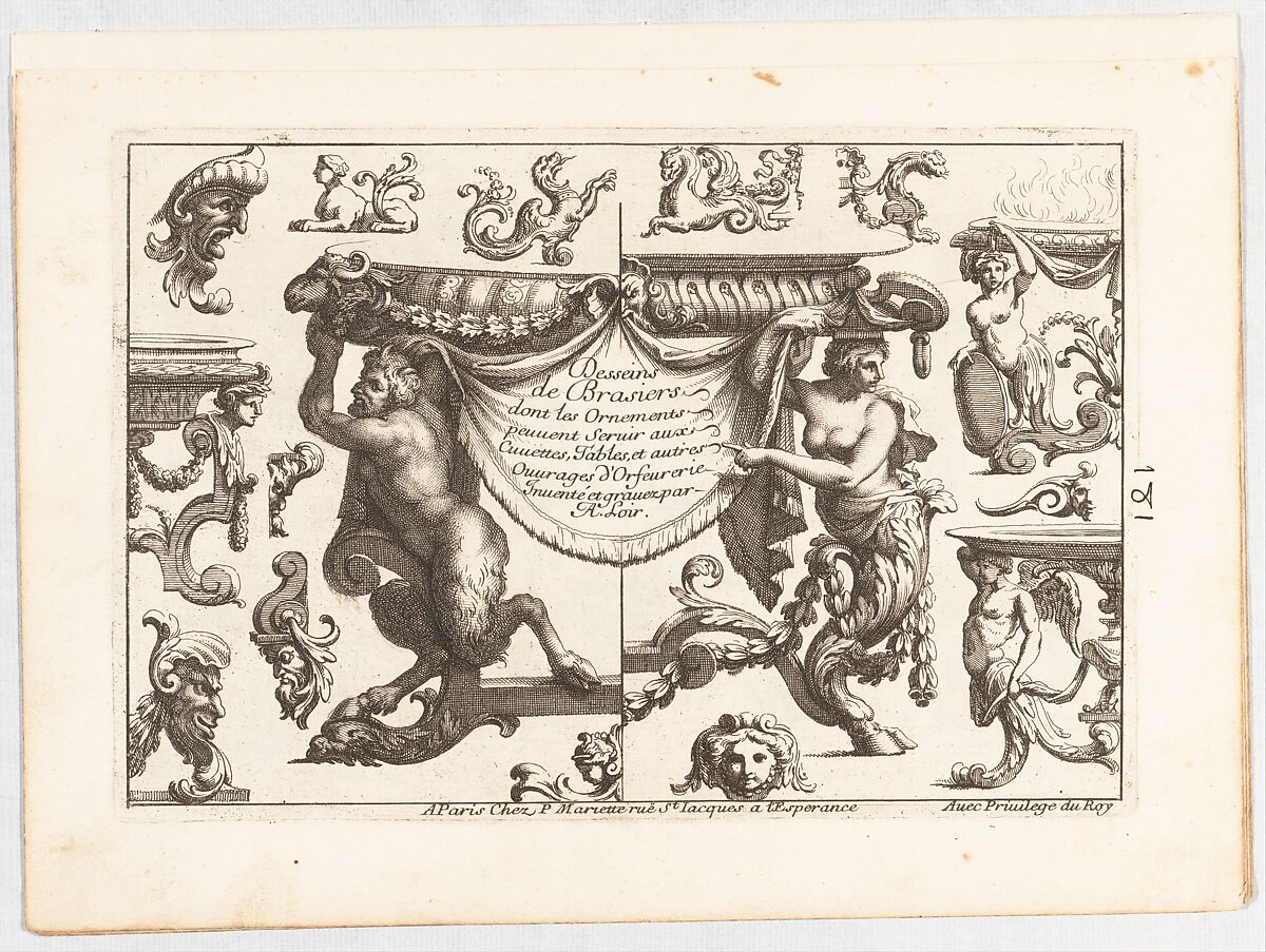 Desseins de Brasiers dont les Ornements peuuent Seruir aux Cuuettes, Tables, et autres Ouurages d'Orfeurerie, Alexis Loir (French, 1640–1713), Etching 