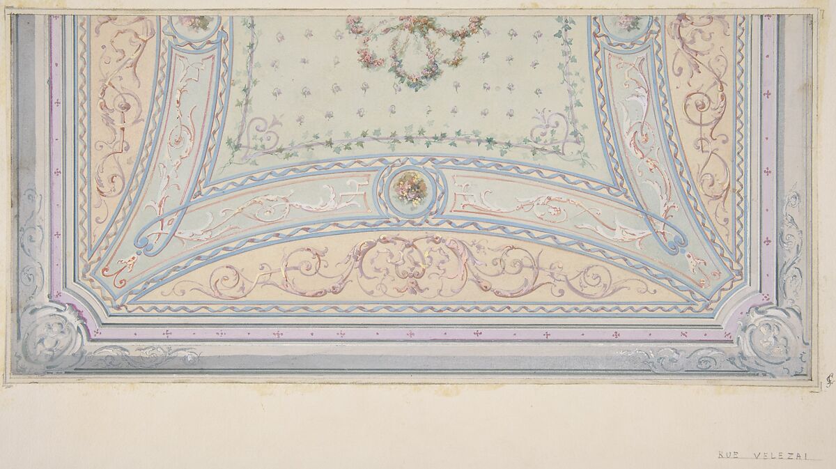 Ceiling design for a house on the rue Velezai, Jules-Edmond-Charles Lachaise (French, died 1897), Pen and ink, watercolor, and gouache 