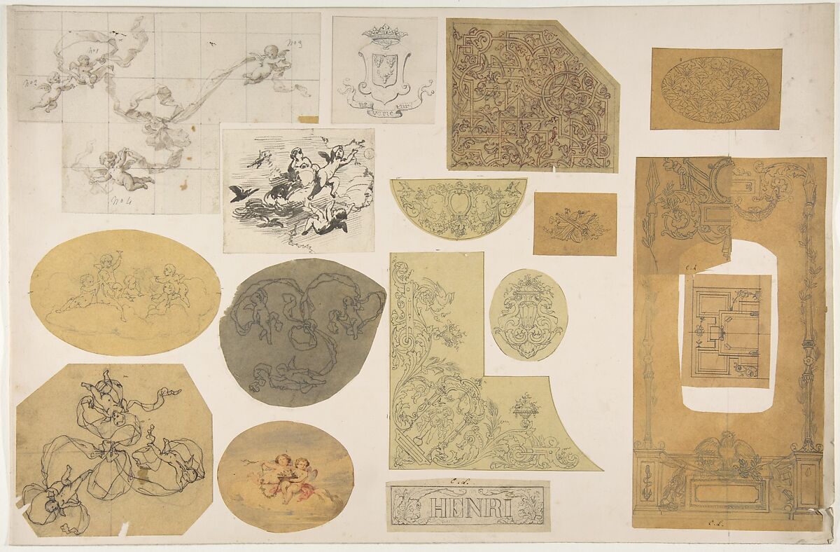 Seventeen Ornamental Designs for the Pless House or Chateau, Jules-Edmond-Charles Lachaise (French, died 1897), Graphite, pen and ink, wash, and watercolor on tracing and laid papers glued to paper board 