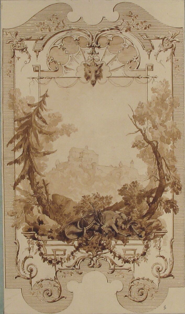 Design for a Decorative Wall Panel with Hunting Motif, Pless Chateau, Silesia, Jules-Edmond-Charles Lachaise (French, died 1897), Pen and brown ink and wash
