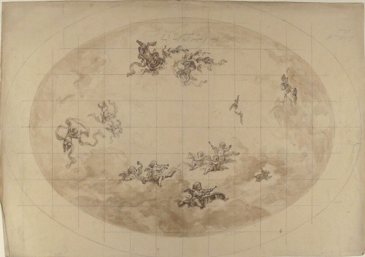 Design for an Oval Ceiling, probably for Pless Residence, Jules-Edmond-Charles Lachaise (French, died 1897), Graphite and brush with brown wash; squaring in graphite on laid paper