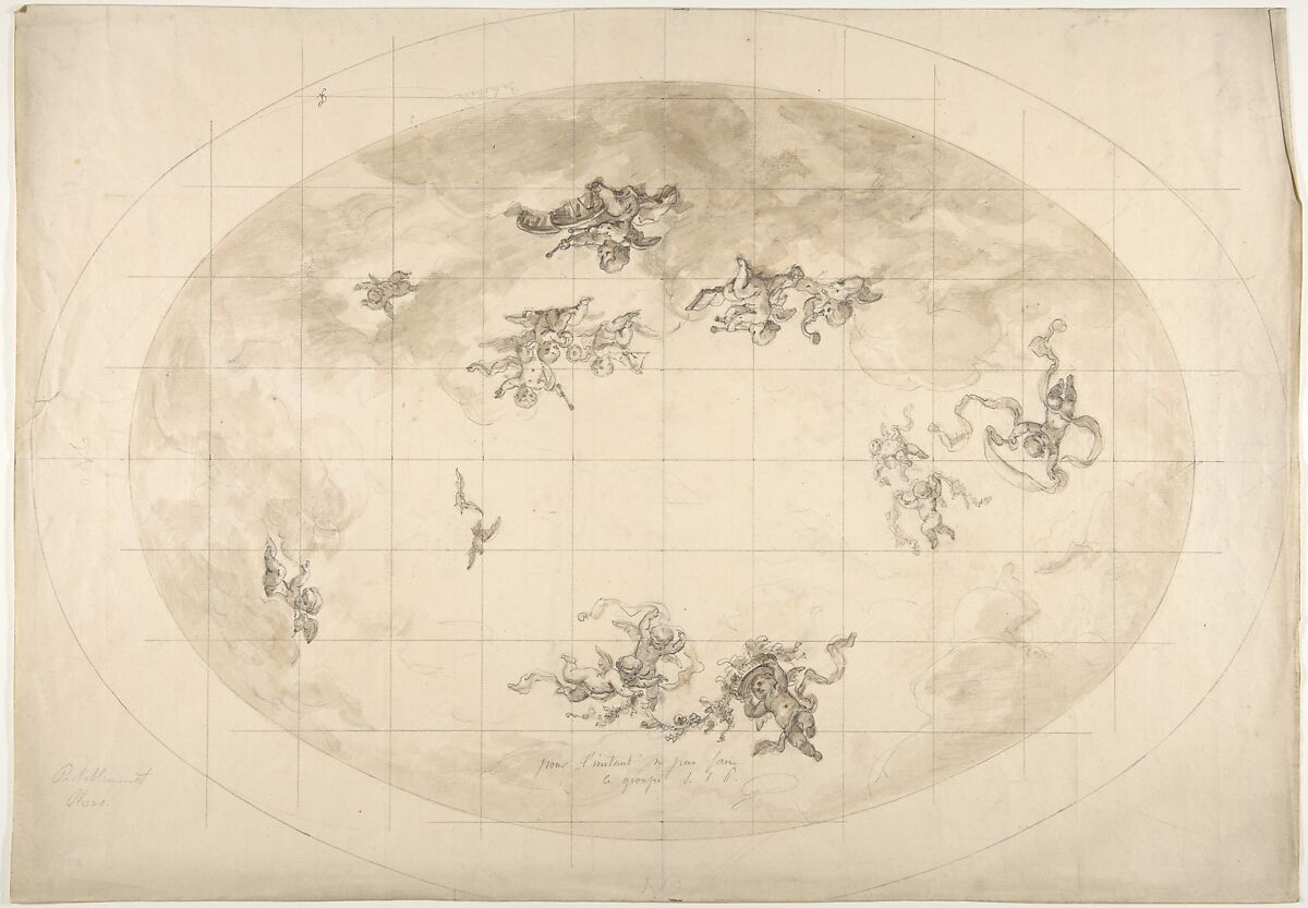 Design for an Oval Ceiling, probably for Pless Residence, Jules-Edmond-Charles Lachaise (French, died 1897), Graphite and brush with brown wash; squaring in graphite on laid paper 
