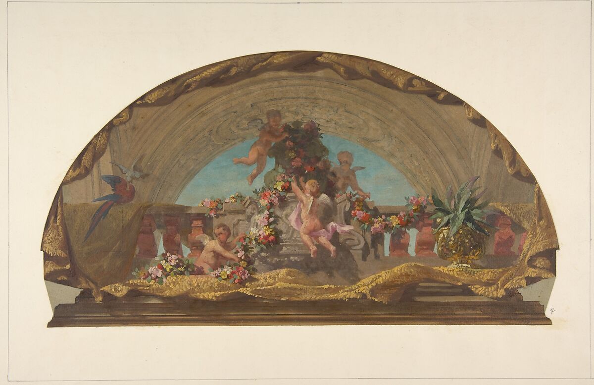 Design for the Decoration of a Lunette on the Staircase, Hôtel de Pless, Berlin, Jules-Edmond-Charles Lachaise (French, died 1897), Gouache and oil on paper 