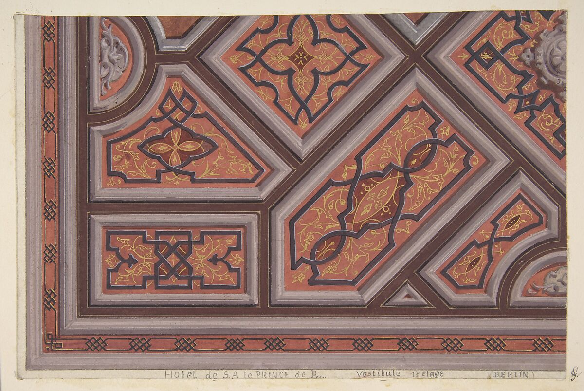 Design for the Decoration of the Ceiling in the Vestibule (Ier étage), Hôtel de S. A. le Prince de P... [Pless?}, Berlin, Jules-Edmond-Charles Lachaise (French, died 1897), Watercolor, gouache, and gold paint 