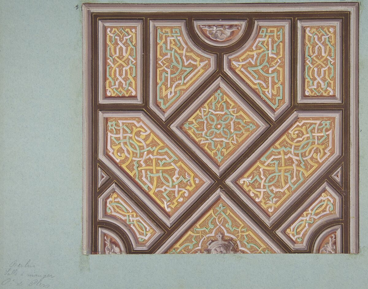 Design for Ceiling Decoration in the Dining Room, Hôtel de Pless, Berlin, Jules-Edmond-Charles Lachaise (French, died 1897), Watercolor, gouache, and gold paint on wove paper 