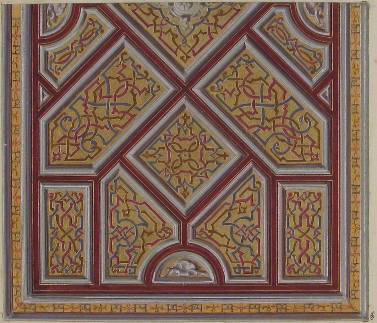 Design for Ceiling Decoration in the Hôtel de Pless, Berlin, Jules-Edmond-Charles Lachaise (French, died 1897), Watercolor, gouache, and gold paint