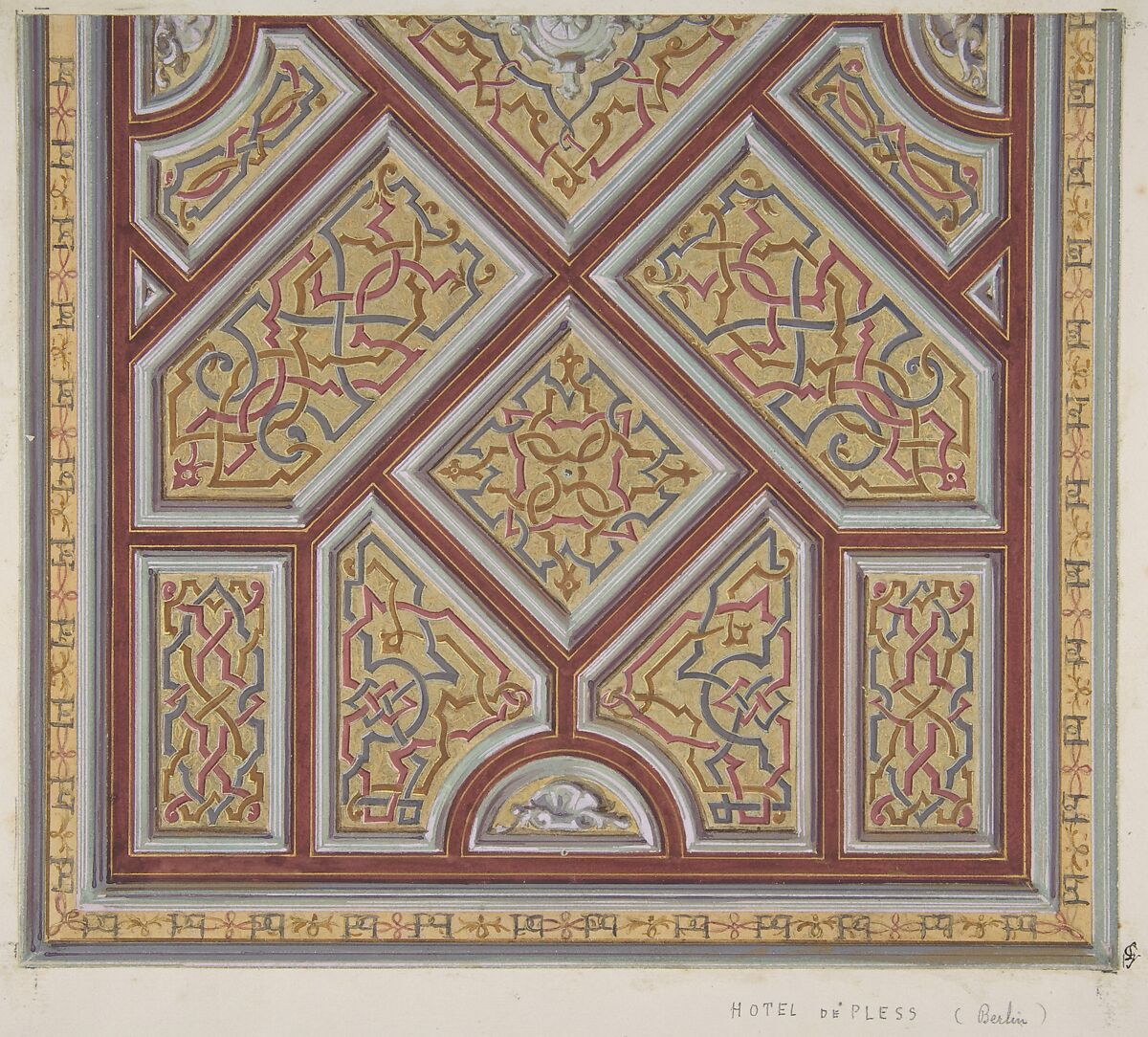 Design for Ceiling Decoration in the Hôtel de Pless, Berlin, Jules-Edmond-Charles Lachaise (French, died 1897), Watercolor, gouache, and gold paint 