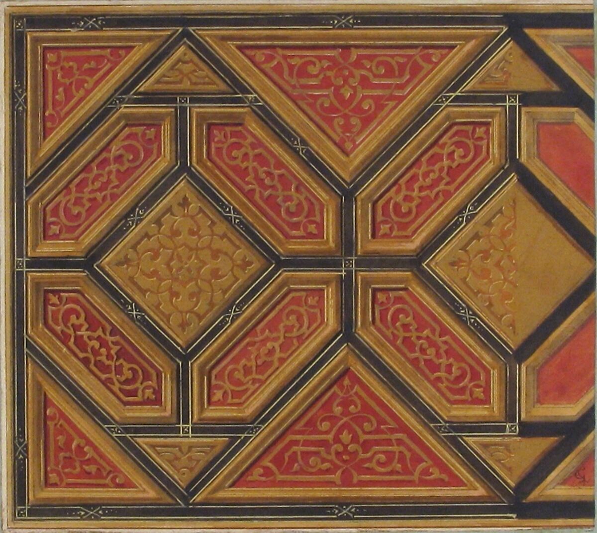 Design for the Decoration of the Ceiling in the Hôtel de Pless, Berlin, or the Chateau de Cangé in the Loire, Jules-Edmond-Charles Lachaise (French, died 1897), Watercolor, gouache, and gold paint