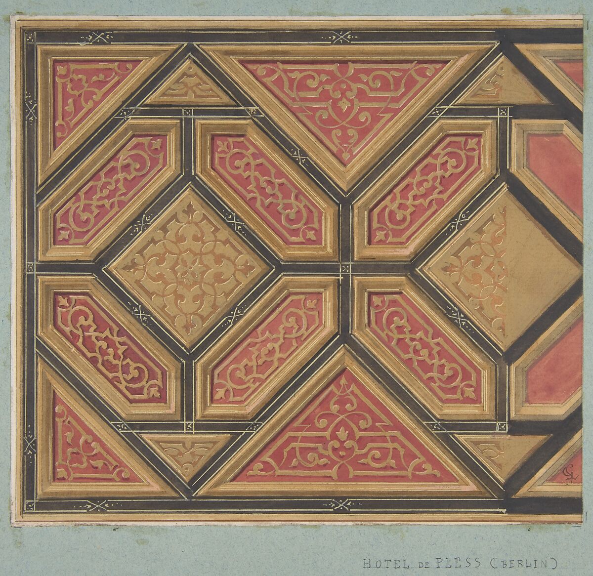 Design for the Decoration of the Ceiling in the Hôtel de Pless, Berlin, or the Chateau de Cangé in the Loire, Jules-Edmond-Charles Lachaise (French, died 1897), Watercolor, gouache, and gold paint 