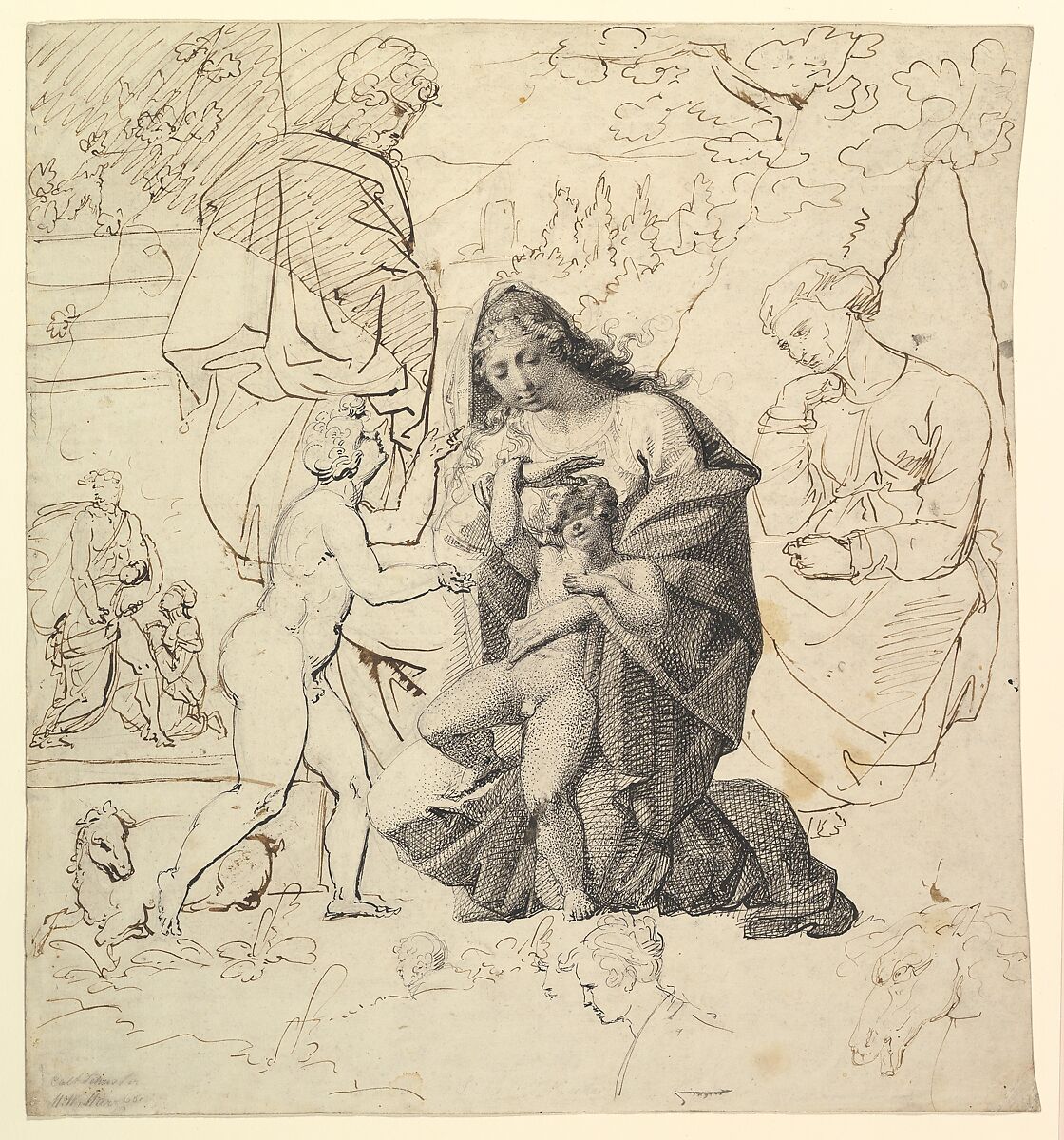 The Holy Family with Saint Anne and Saint John in a classical landscape; verso: The Holy Family with Saint Anne and Saint John, Karl Joseph Aloys Agricola (Austrian, Bad Säckingen 1779–1852 Vienna), Pen and black and brown ink; verso: pen and black ink, over a sketch in graphite 