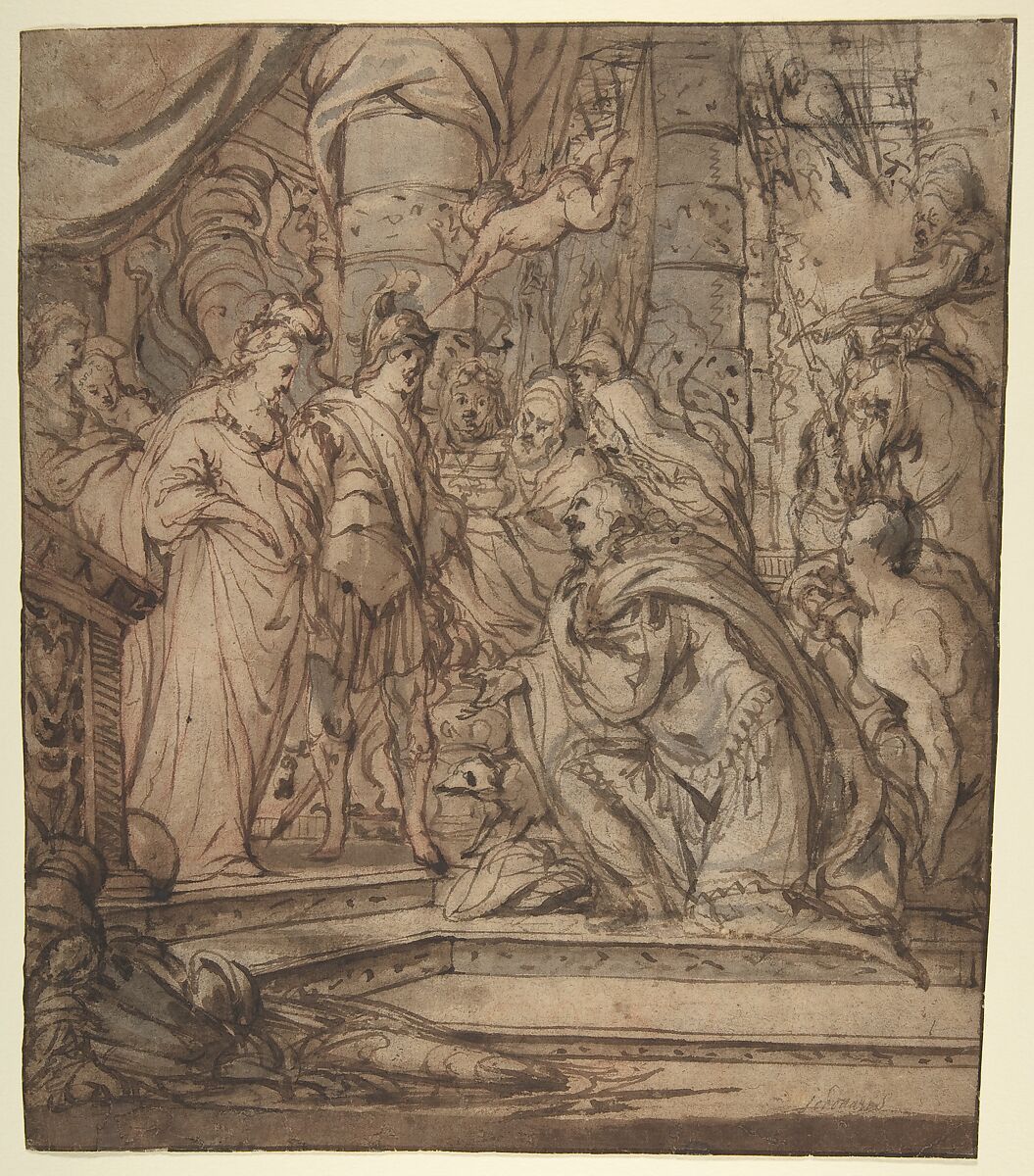 The Continence of Scipio, Pieter Crijnse Volmarijn (Dutch, 1626–1679), Pen and brown ink, brown and gray wash, over a sketch in red chalk. Framing line in pen and brown ink 