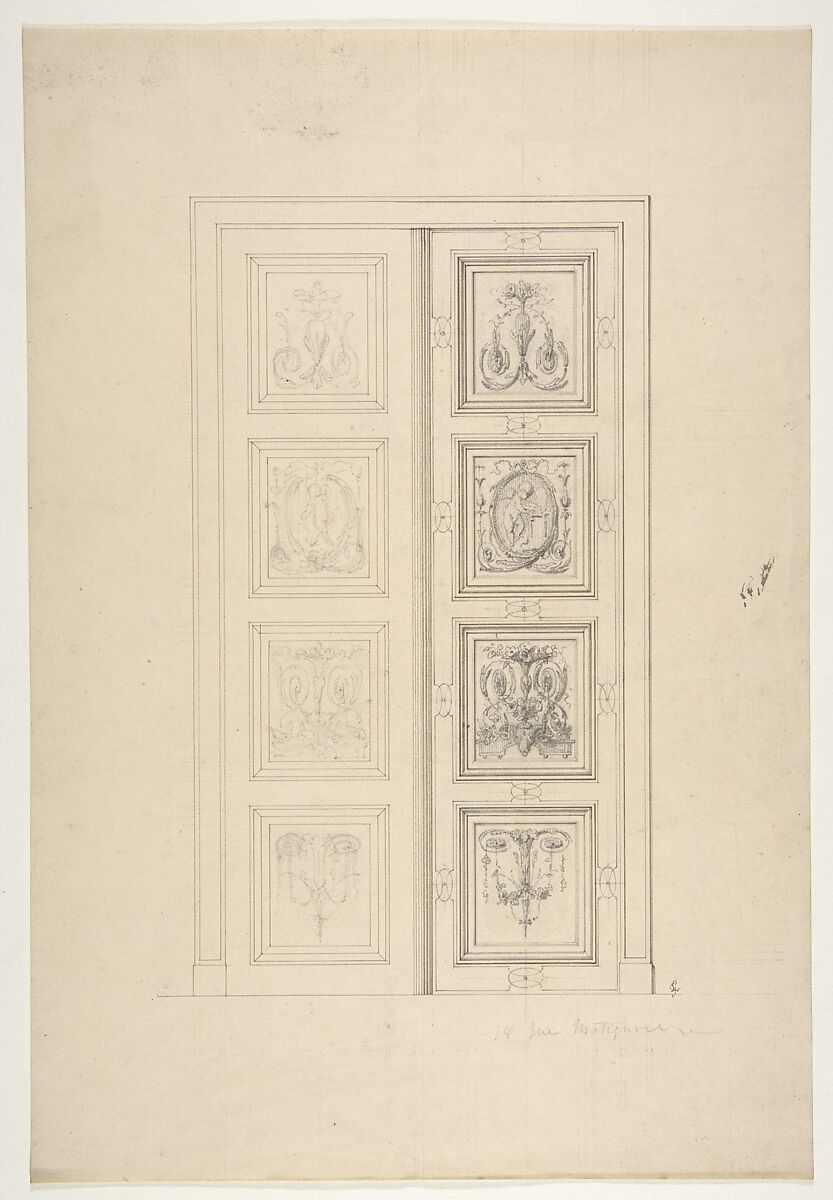 Design for double doors in a house at 18 rue Matignon, Jules-Edmond-Charles Lachaise (French, died 1897), Graphite and pen and ink on laid paper 