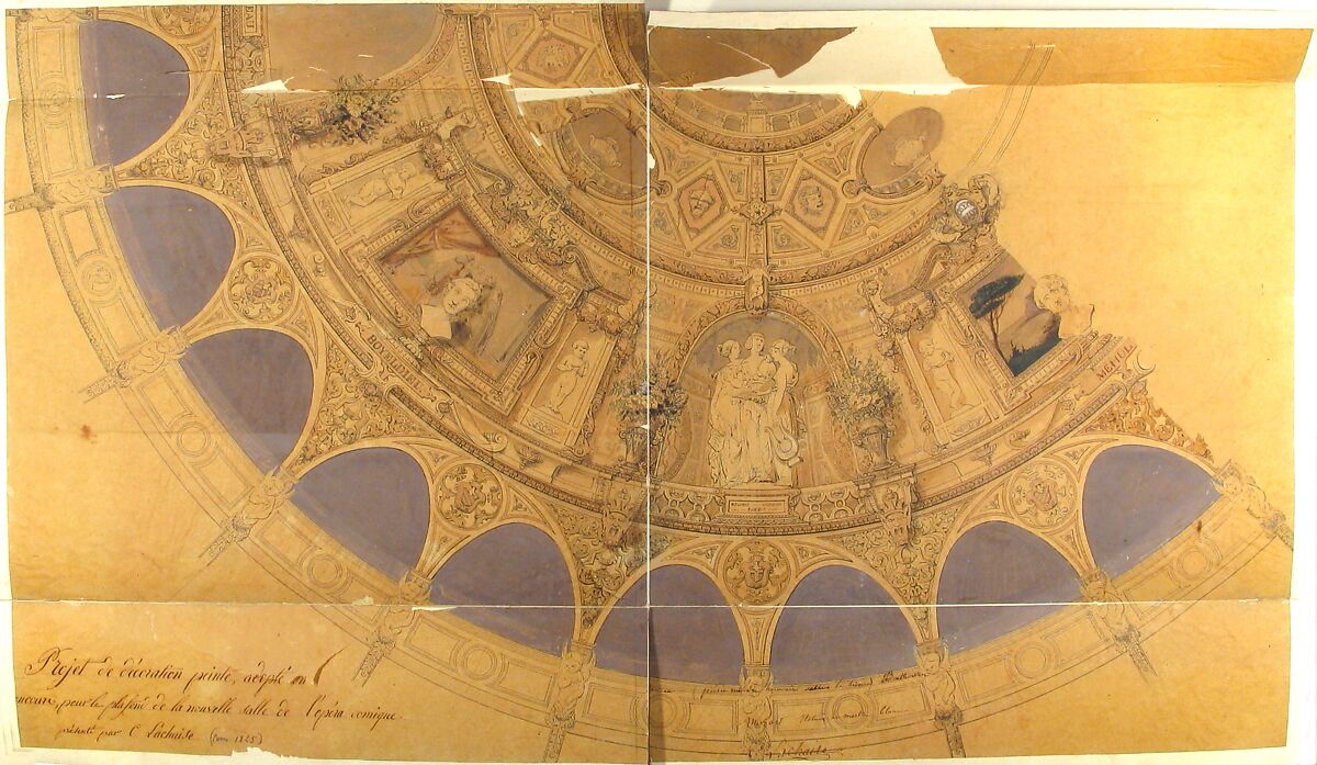 Design for the decoration of the ceiling in the Opéra Comique, Paris, Jules-Edmond-Charles Lachaise (French, died 1897), Pen and ink with watercolor and gouache