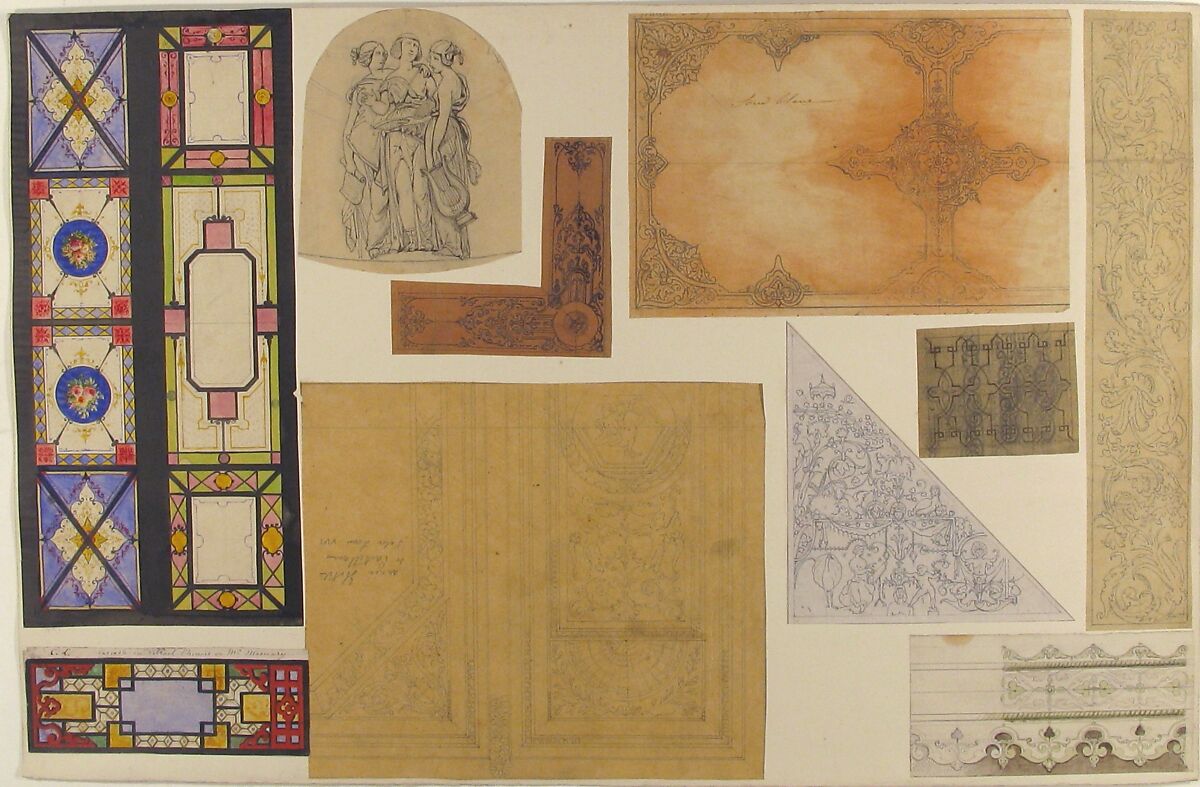 Ten designs for the decoration of the Opéra Comique, Paris, Jules-Edmond-Charles Lachaise (French, died 1897), Graphite, pen and ink, and watercolor on various papers; laid down on cardboard