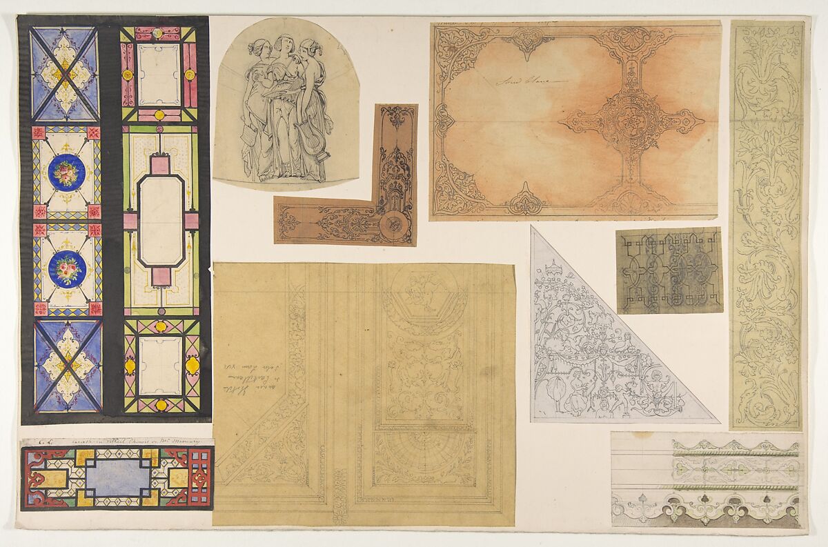 Ten designs for the decoration of the Opéra Comique, Paris, Jules-Edmond-Charles Lachaise (French, died 1897), Graphite, pen and ink, and watercolor on various papers; laid down on cardboard 