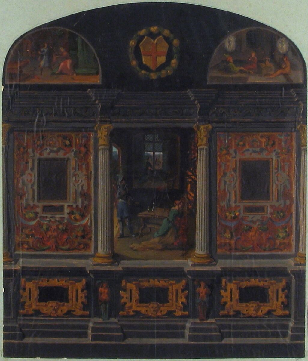 Design for painted wall decoration in the Château de Lude, Sarthe, Jules-Edmond-Charles Lachaise (French, died 1897), gouache on laid paper, inset in blue wove paper