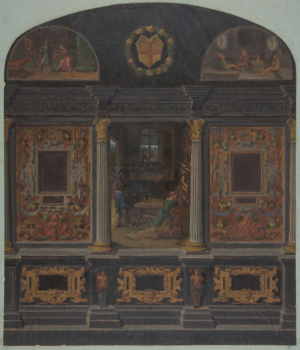 Design for painted wall decoration in the Château de Lude, Sarthe, Jules-Edmond-Charles Lachaise (French, died 1897), gouache on laid paper, inset in blue wove paper 