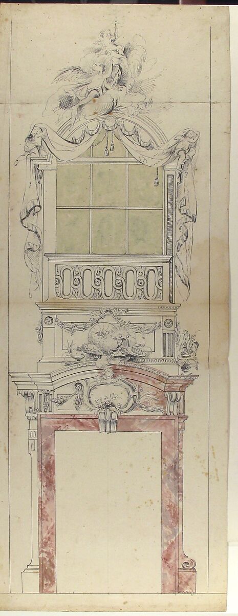 Ecclesiatstical design for a window topped with angels, N. J. B. de Poilly (French, Paris 1712–1758 Paris), Pen and black ink, wash