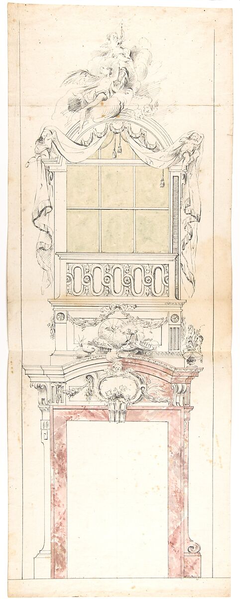 Ecclesiatstical design for a window topped with angels, N. J. B. de Poilly (French, Paris 1712–1758 Paris), Pen and black ink, wash 