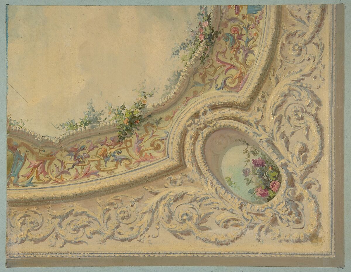 Design for the decoration of a ceiling in the house of Baron Malet, Jouy-en-Josas (Seine et Gise), Jules-Edmond-Charles Lachaise (French, died 1897), Gouache on laid paper; inlaid in blue wove paper 