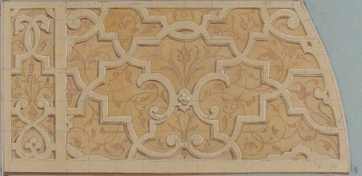 Design for the decoration of the stairway in the Chateau d'Ognon of M. de Machy (Oise, France), Jules-Edmond-Charles Lachaise (French, died 1897), Graphite and watercolor, heightened with white on wove paper; inlaid in blue wove paper