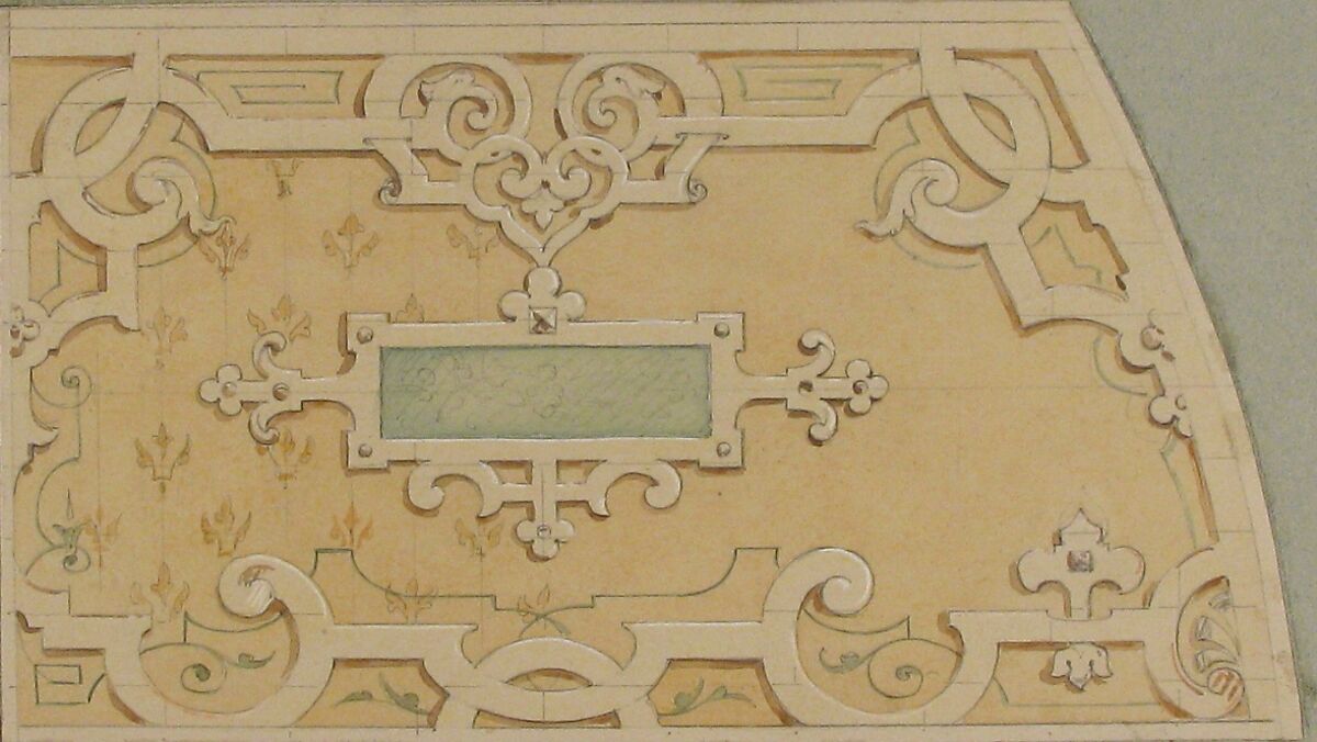 Design for the decoration of the stairway in the Chateau d'Ognon of M. de Machy (Oise, France), Jules-Edmond-Charles Lachaise (French, died 1897), Graphite and watercolor heightened with white on wove paper; inlaid in blue wove paper