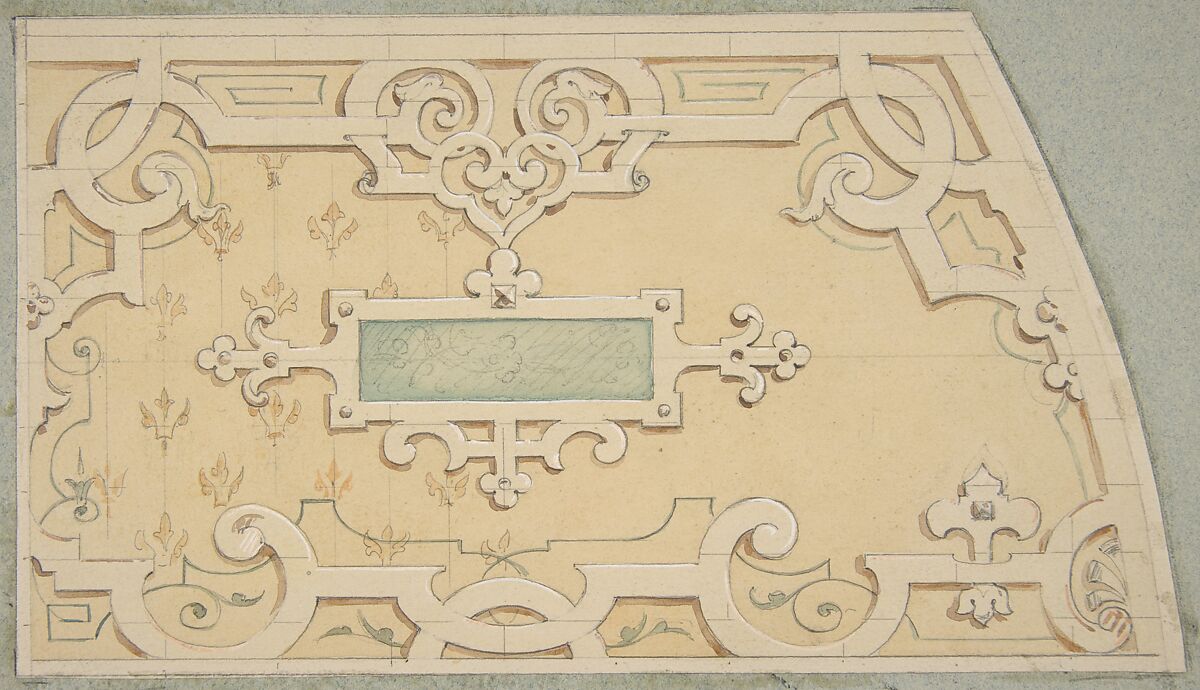 Design for the decoration of the stairway in the Chateau d'Ognon of M. de Machy (Oise, France), Jules-Edmond-Charles Lachaise (French, died 1897), Graphite and watercolor heightened with white on wove paper; inlaid in blue wove paper 