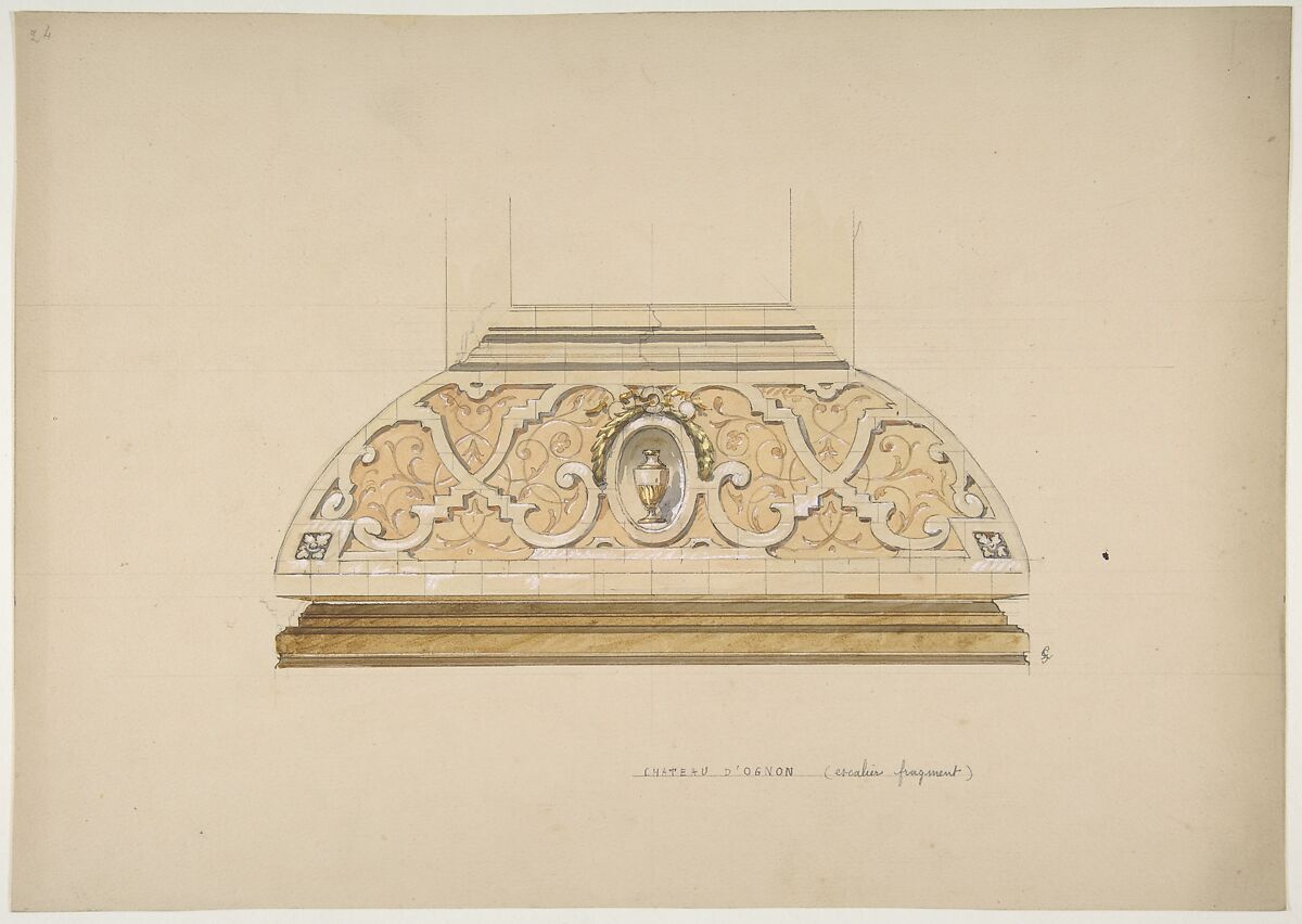 Design for the decoration of the stairway in the Château d'Ognon of M. deMachy (Oise, France), Jules-Edmond-Charles Lachaise (French, died 1897), Graphite, pen and ink, watercolor, and gouache on wove paper 