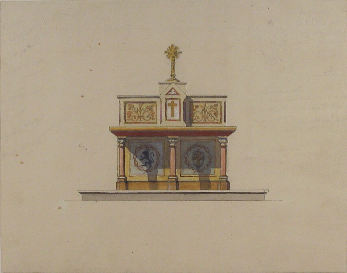 Design for an altar table surmounted by a crucifixion, Jules-Edmond-Charles Lachaise (French, died 1897), Pen and ink, watercolor, and gold paint on wove paper