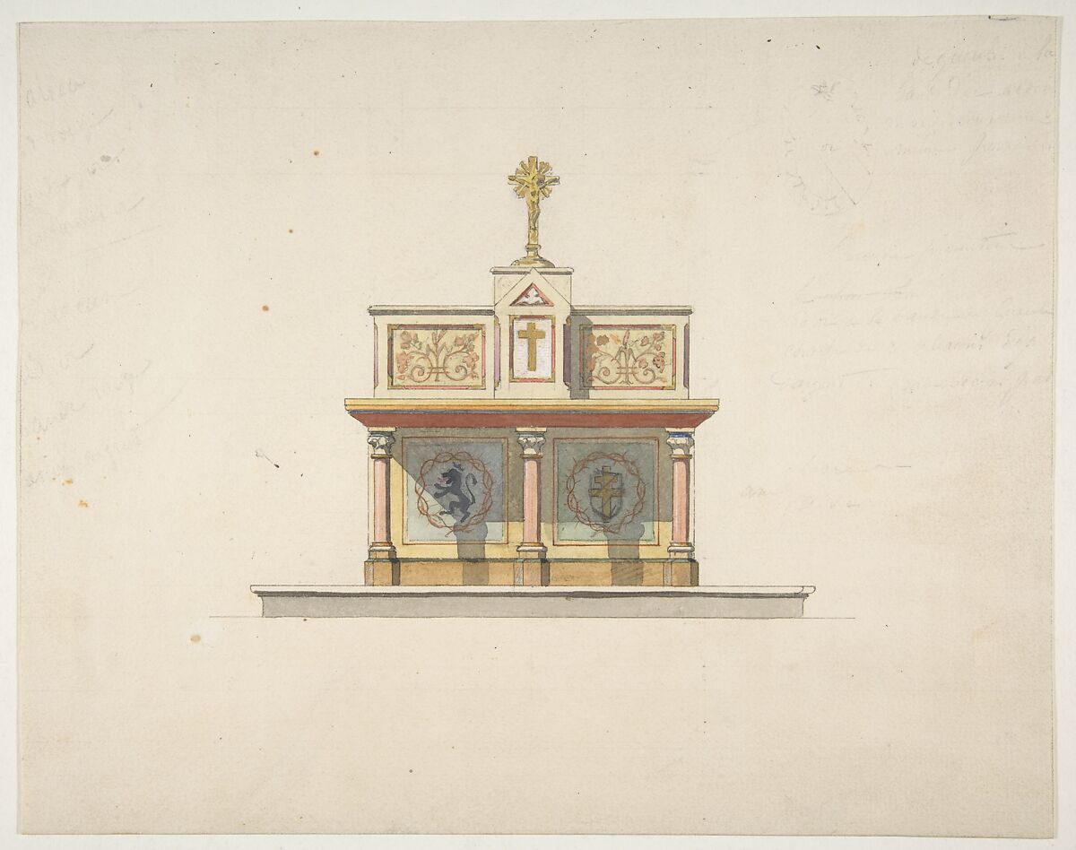 Design for an altar table surmounted by a crucifixion, Jules-Edmond-Charles Lachaise (French, died 1897), Pen and ink, watercolor, and gold paint on wove paper 