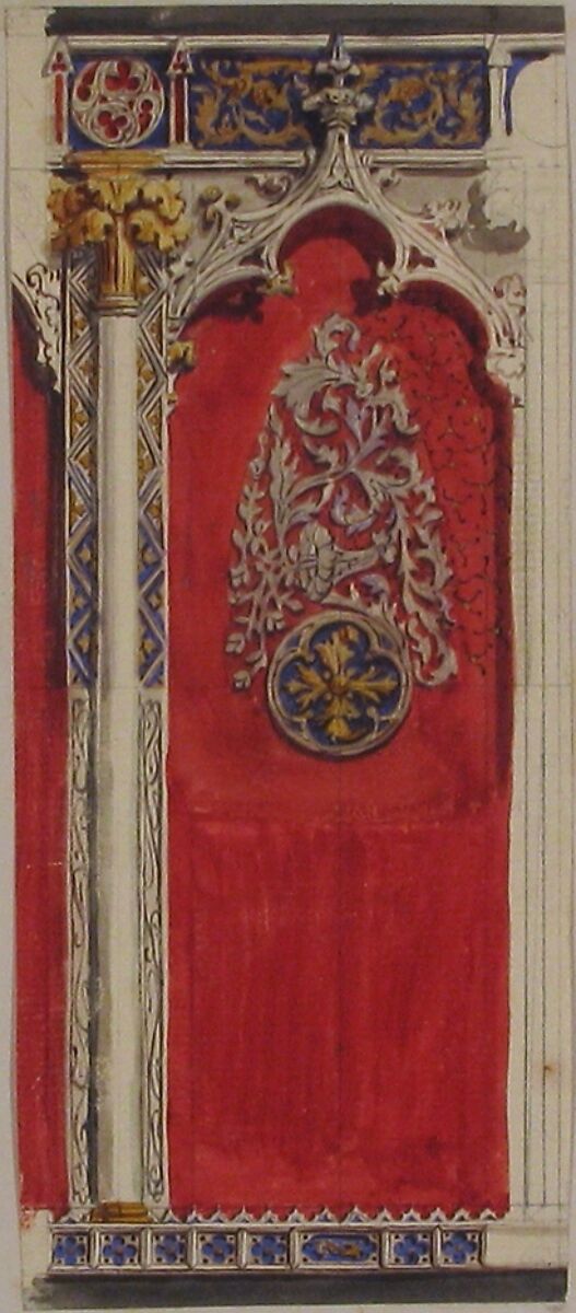 Design for the decoration of a gothic niche, Jules-Edmond-Charles Lachaise (French, died 1897), watercolor over graphite on laid paper glued to cardboard