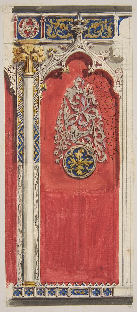 Design for the decoration of a gothic niche, Jules-Edmond-Charles Lachaise (French, died 1897), watercolor over graphite on laid paper glued to cardboard 