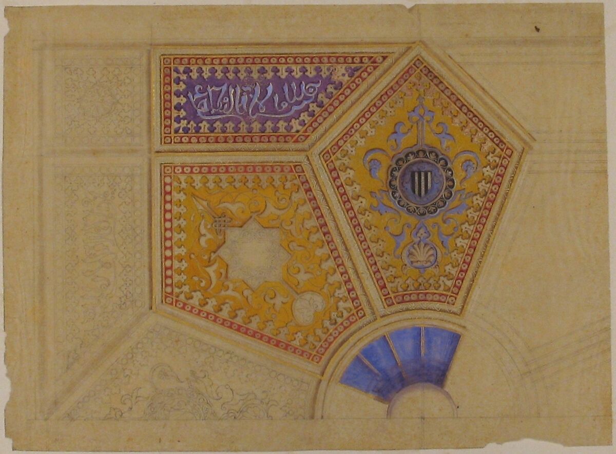 Design for the painted decoration of a coffered ceiling, Jules-Edmond-Charles Lachaise (French, died 1897), graphite, watercolor, gouache, and gold paint on tracing paper