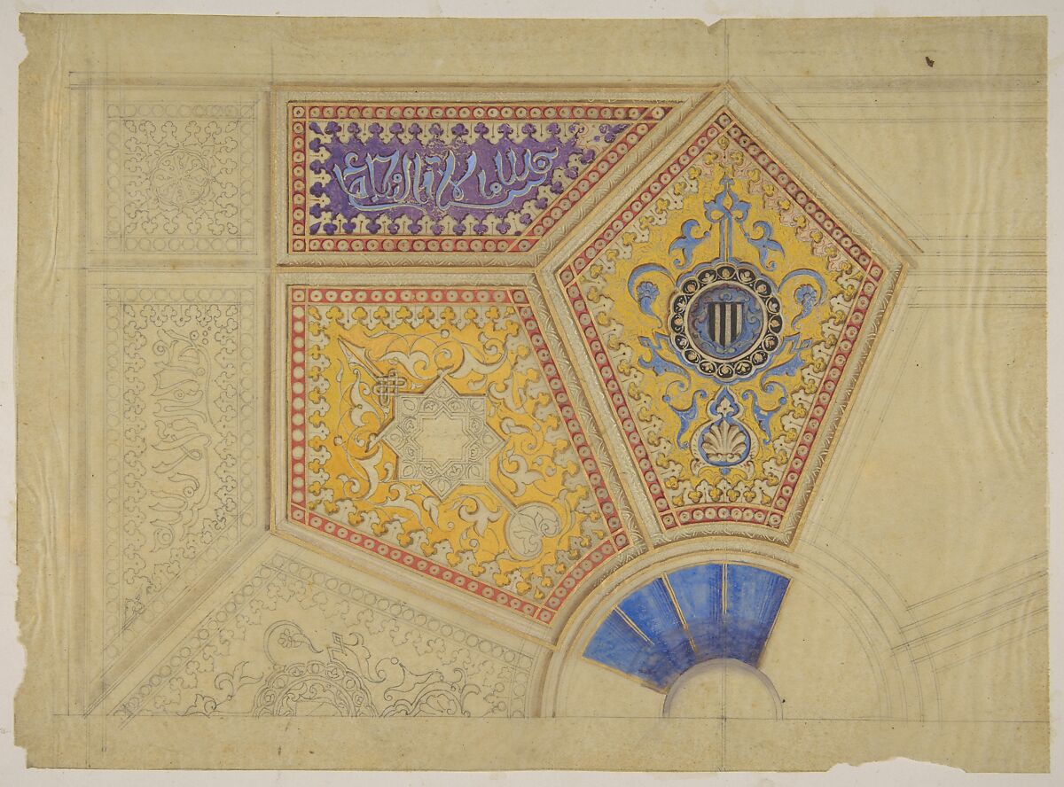 Design for the painted decoration of a coffered ceiling, Jules-Edmond-Charles Lachaise (French, died 1897), graphite, watercolor, gouache, and gold paint on tracing paper 