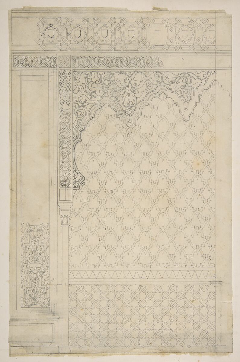 Design for the decoration of a wall in Islamic motifs, Jules-Edmond-Charles Lachaise (French, died 1897), graphite on tracing paper glued to cardboard 