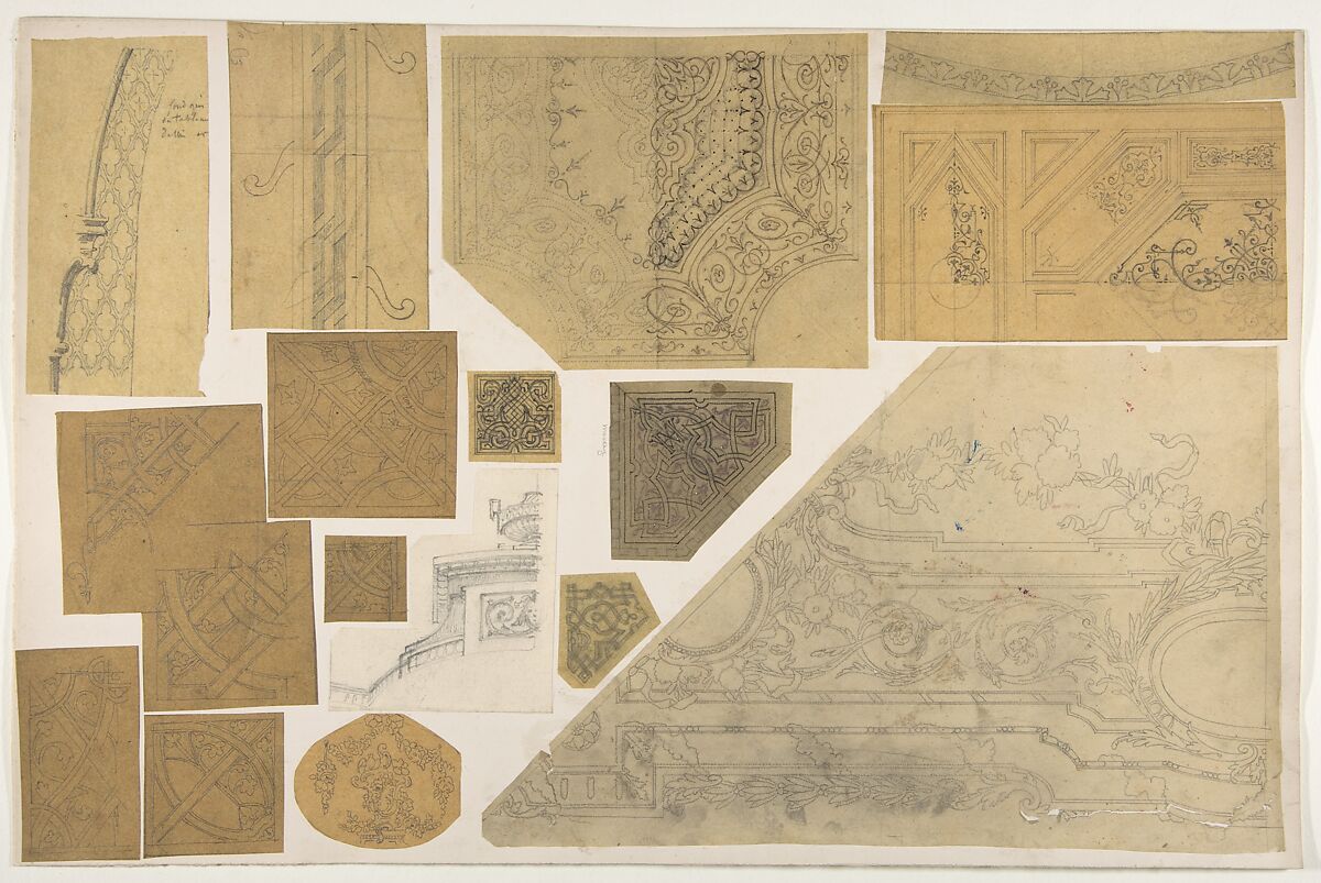 Sixteen designs of the decoration of walls and ceilings, Jules-Edmond-Charles Lachaise (French, died 1897), graphite and pen and ink on trace on laid paper 