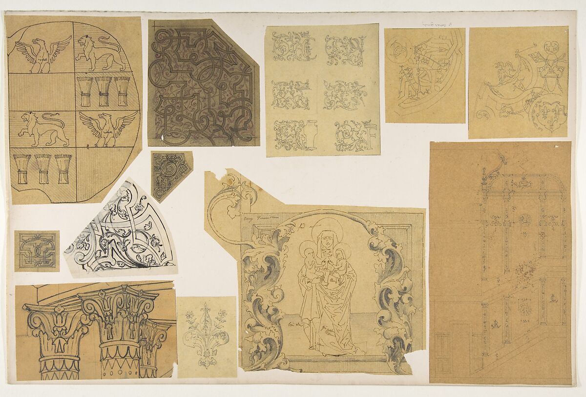 Twelve ornamental designs for the decoration of interiors, Jules-Edmond-Charles Lachaise (French, died 1897), graphite and pen and ink on trace and wove paper 