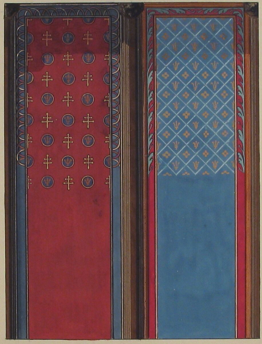 Design for the painted decoration of panels, Jules-Edmond-Charles Lachaise (French, died 1897), Pen and ink and gouache
