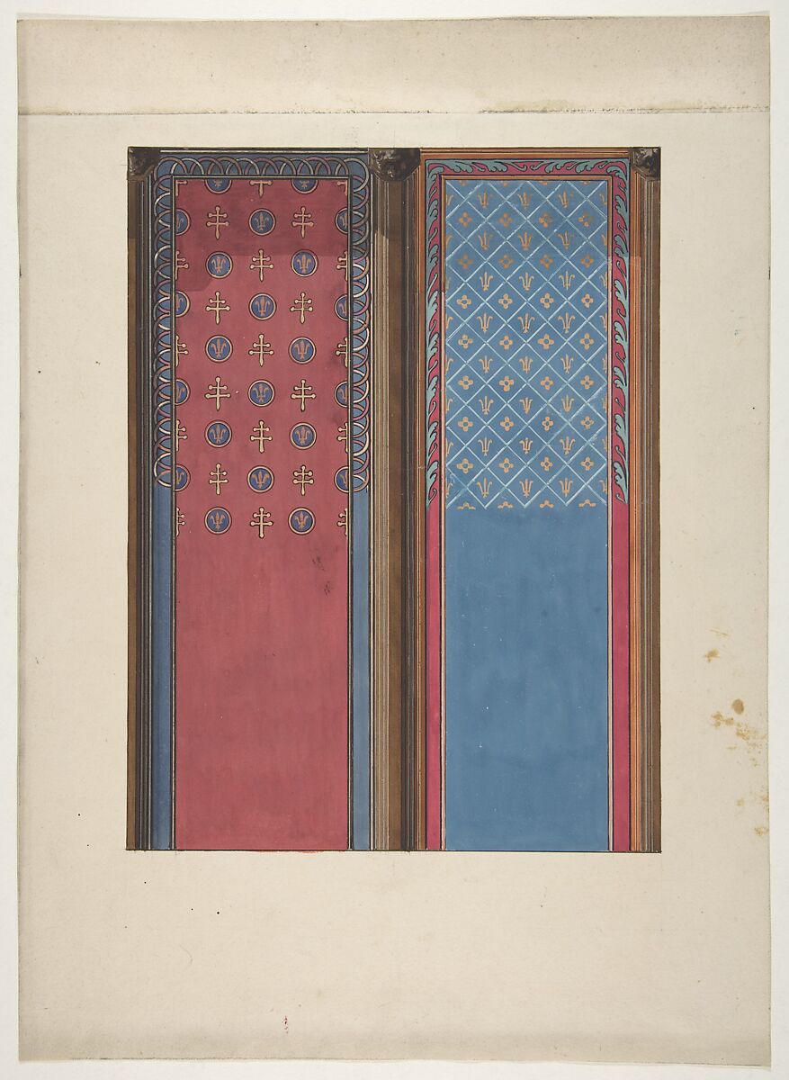 Design for the painted decoration of panels, Jules-Edmond-Charles Lachaise (French, died 1897), Pen and ink and gouache 