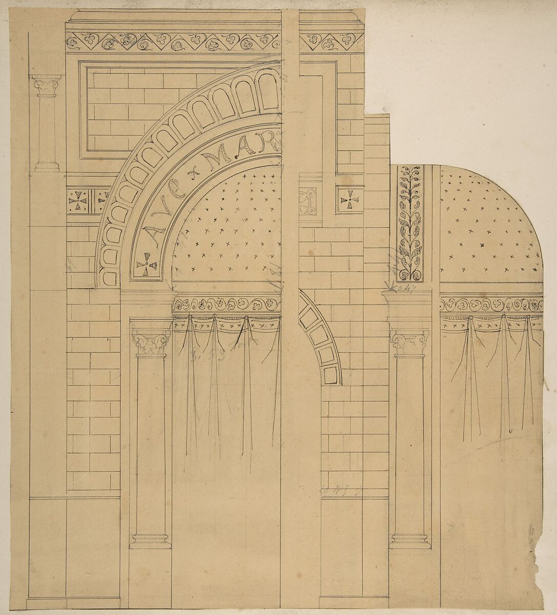 Elevation of a wall design, possibly for a chapel, Jules-Edmond-Charles Lachaise (French, died 1897), Graphite and pen and ink on wove paper 