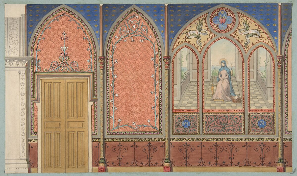 Elevation of a Church or Chapel with designs for ornament and a painted triptych of the Virgin Mary, Jules-Edmond-Charles Lachaise (French, died 1897), Graphite, pen and ink, watercolor, gouache, and gold paint on wove paper; inset in blue wove paper 