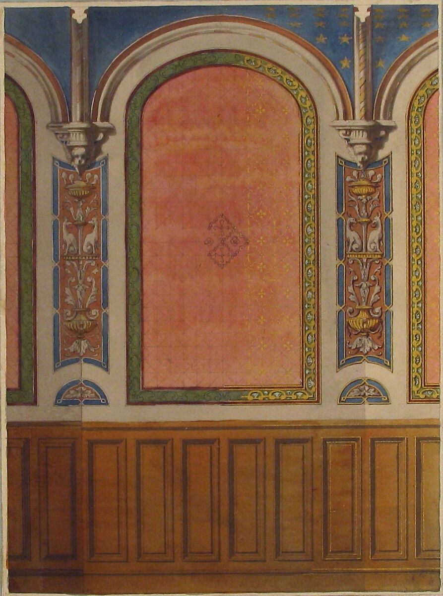 Design for the decoration of wall with wood panels and arched bays, Jules-Edmond-Charles Lachaise (French, died 1897), graphite, pen and ink, watercolor, gouache, and gold paint