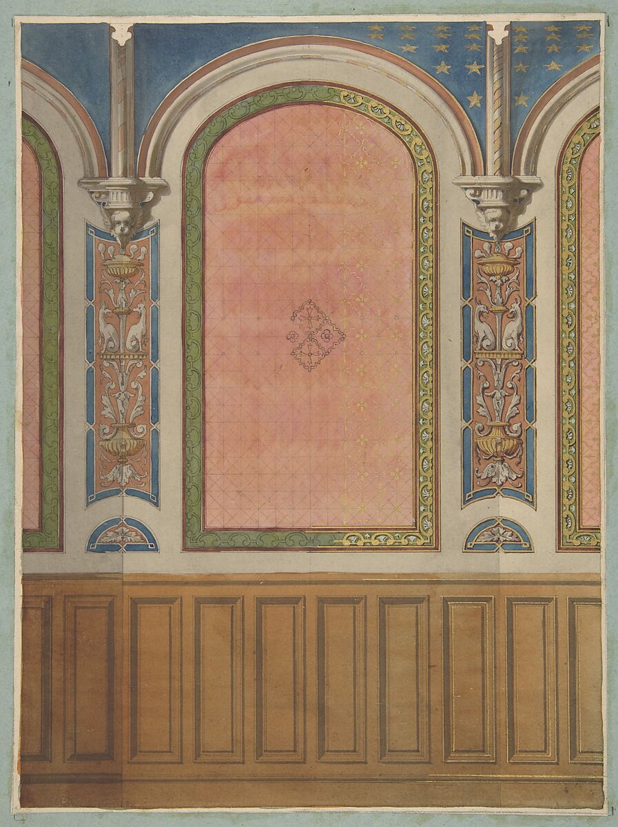 Design for the decoration of wall with wood panels and arched bays, Jules-Edmond-Charles Lachaise (French, died 1897), graphite, pen and ink, watercolor, gouache, and gold paint 