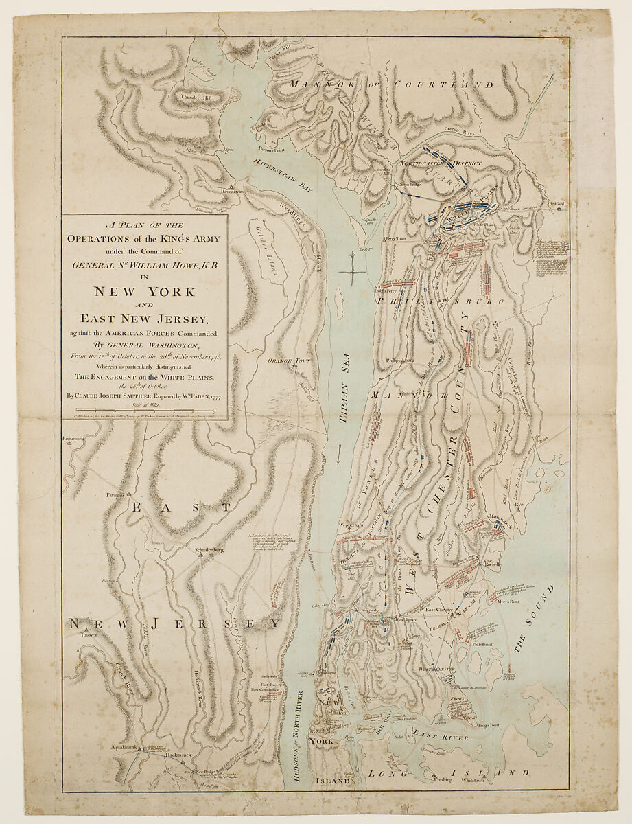 A Plan of Operations of the King's Army, under the Command of General Sir William Howe, K.B., in New York and East New Jersey, against the American Forces Commanded by General Washington, From the 12th of October, to the 28th of November 1776..., Claude Joseph Sauthier  French, Hand-colored etching and engraving