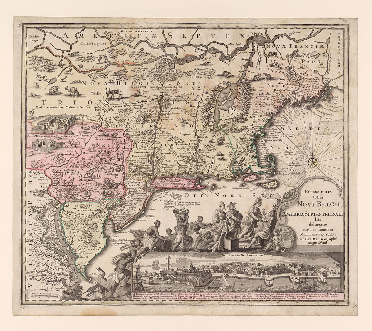 Recens Edita Totius Novi Belgii, in America Septentrionali [An Updated View of New Netherlands in North America], Matthäus Seutter (German, Augsburg 1678–1756/57 Augsburg), Hand-colored engraving; second state 