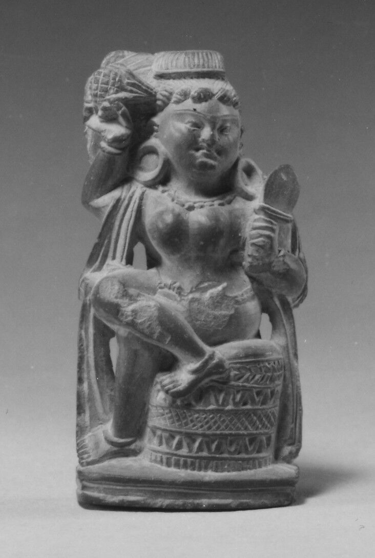 Mirror Handle with a Preening Woman, Schist, India (Jammu & Kashmir, ancient kingdom of Kashmir) 