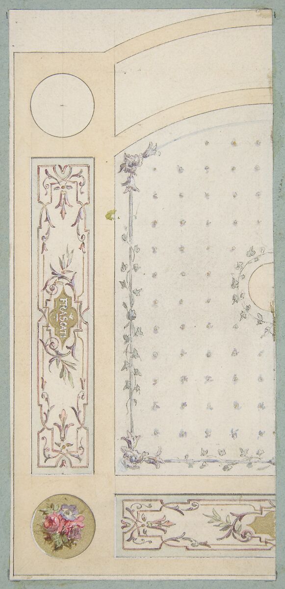 Design for painted decoration of wall or ceiling panels, including the word "Frascati", Jules-Edmond-Charles Lachaise (French, died 1897), pen and ink, watercolor, and gold paint 
